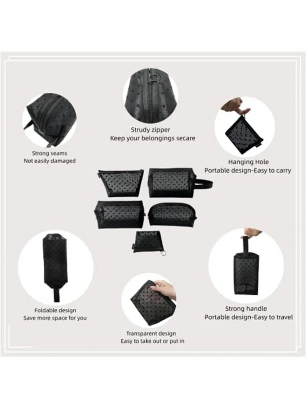5 Pieces Heart Printed Mesh Makeup Bag Set Portable Travel Mesh Cosmetic Bags